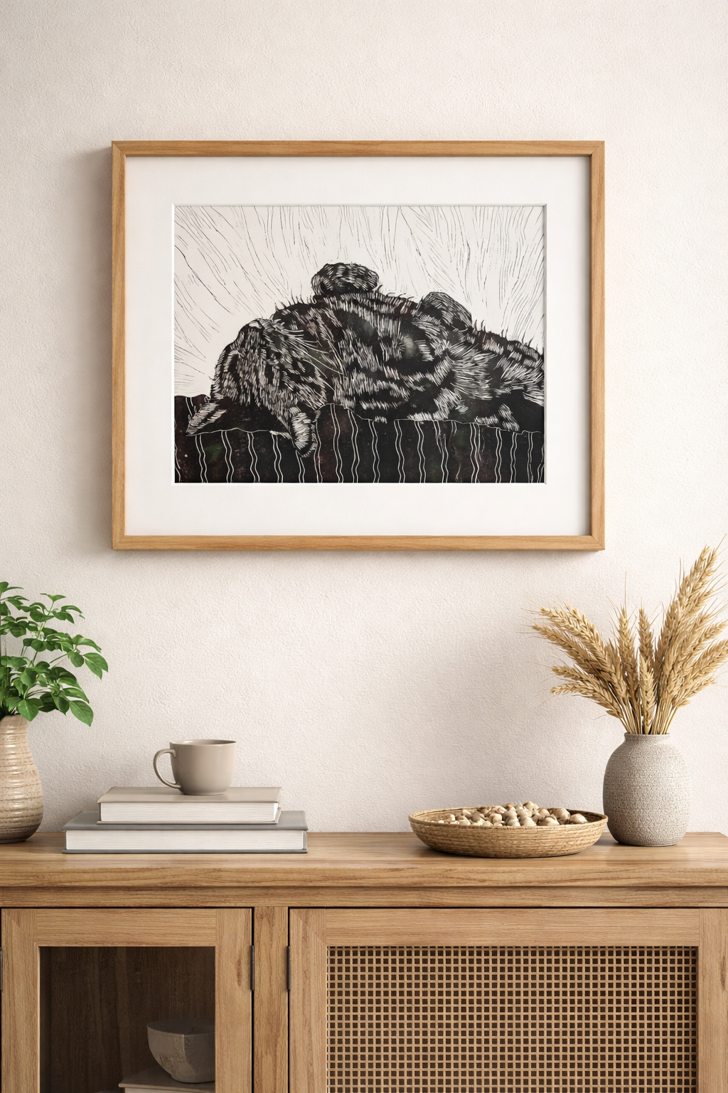 Cat Linocut Print - "Sleeping Tabby" A3